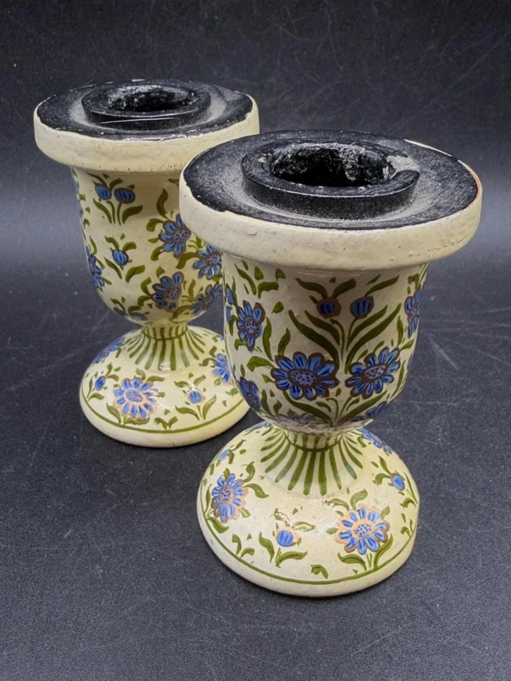 Pair Hand Painted Blue & Gold Tone Floral Flower Candlesticks Candle Holders